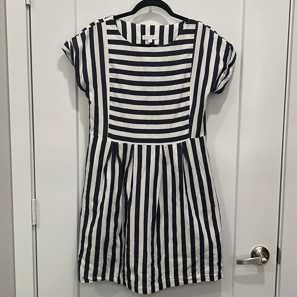 Medium blue striped teacher dress with pockets!